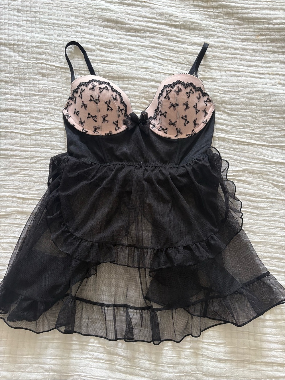 Victoria's Secret Black and Blush Ruffled Sheer Babydoll with built in apron